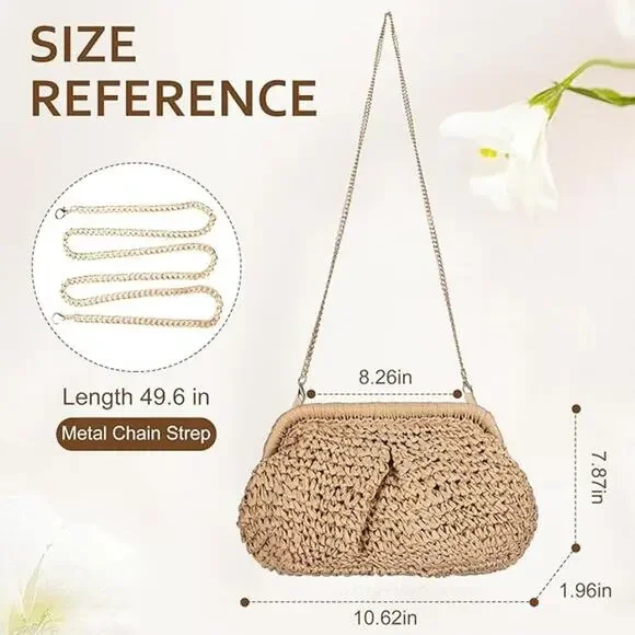 Tan Straw Clutch Handbags Women Woven Dumpling Purse Crossbody Shoulder Bag - Picture 3 of 6